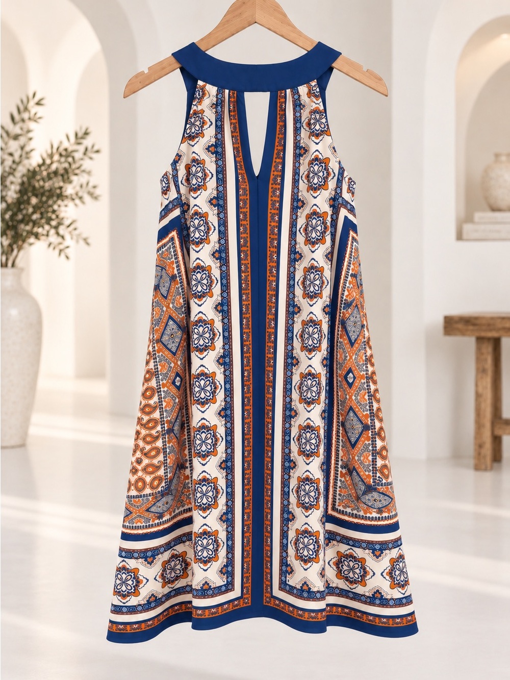 Monteau Boho Scarf Print Dress M | Blue Orange Game Day Western Mini